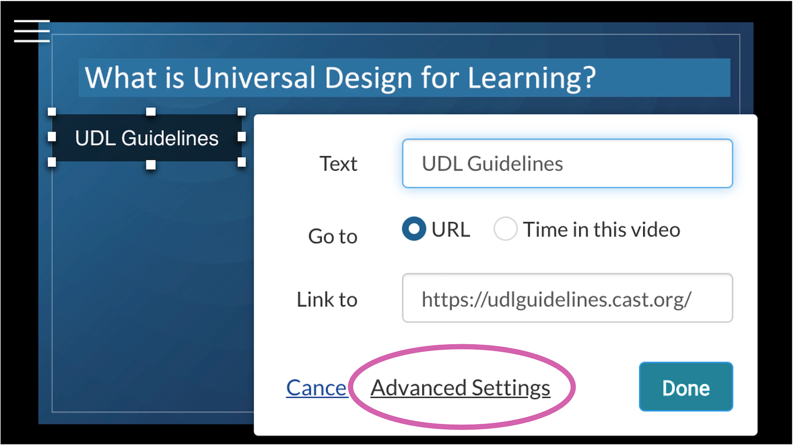 A screenshot of basic hotspot settings with the "advanced settings" link circled.