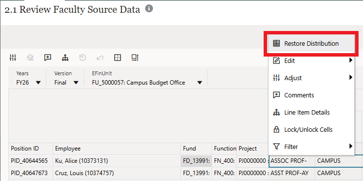 Restore Distribution in the Action Menu