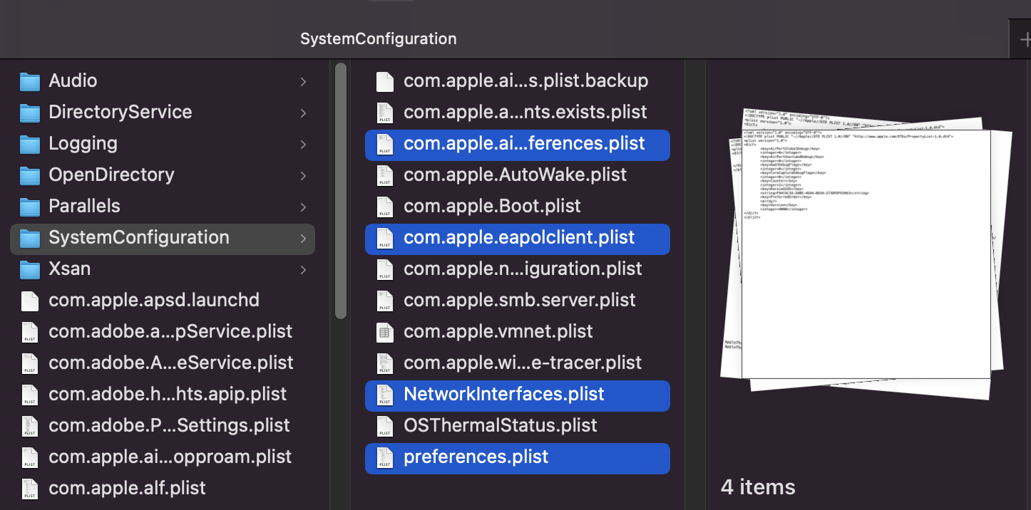 SystemConfiguration folder showing a list of plists 