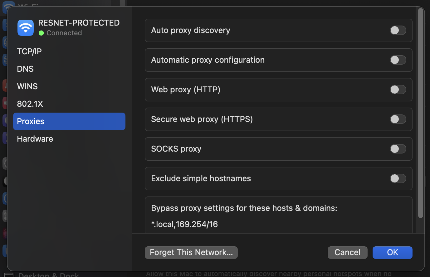 Screenshot of proxies tab on Wi-Fi settings on MacOS 13