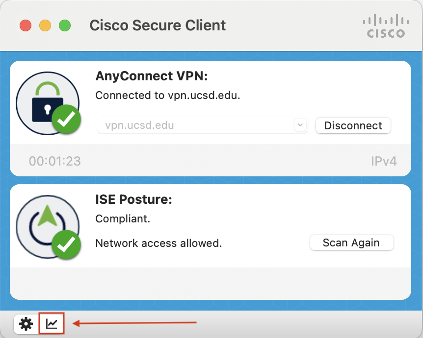 Screenshot of a Macbook's Cisco Secure VPN Client with a red box around the statistics button in the bottom left corner and a red arrow pointing to the red box