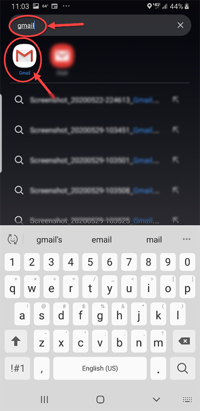 Android screen shot - select the Gmail app