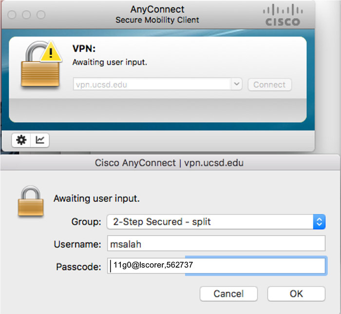 Screenshot: VPN connection settings for 2-step