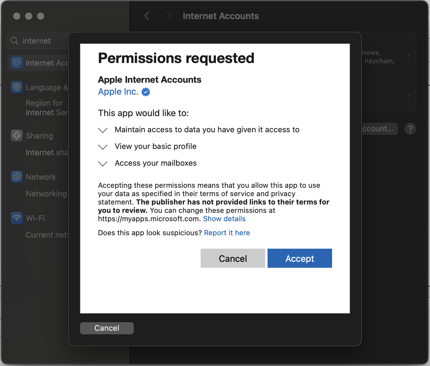 "Permissions Requested" window 