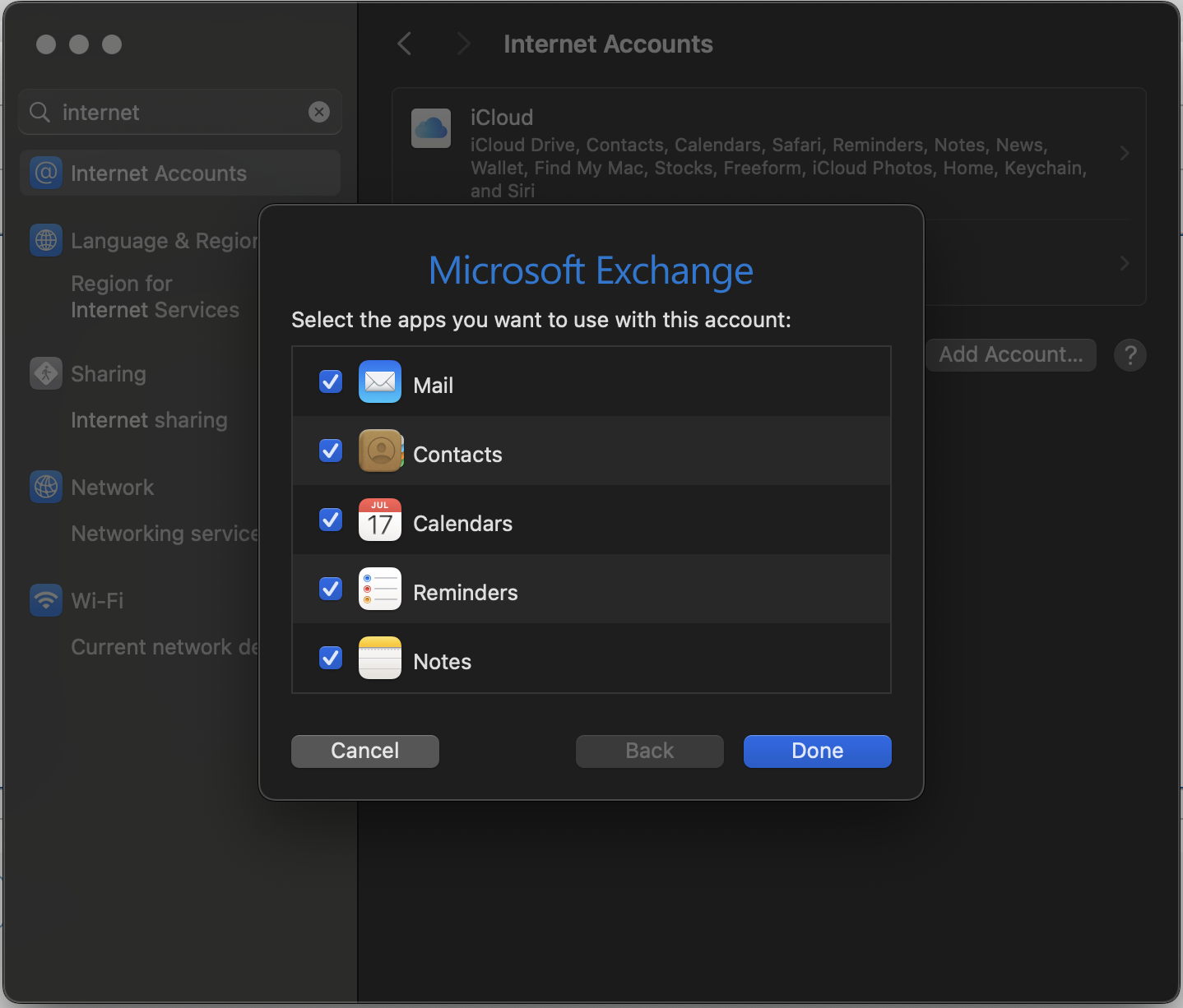 Window to select apps to use Microsoft Exchange with every app selected. 
