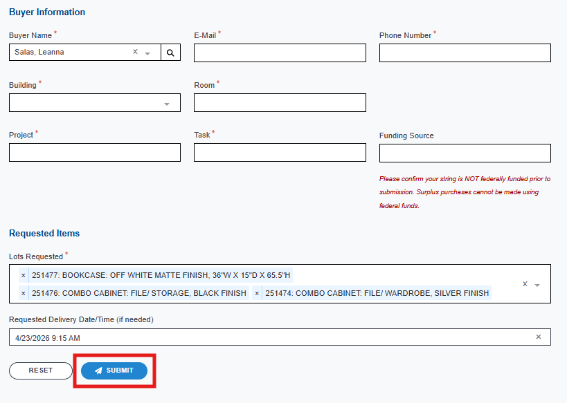 Screenshot of a completed form with a red rectangle outlining the submit button.