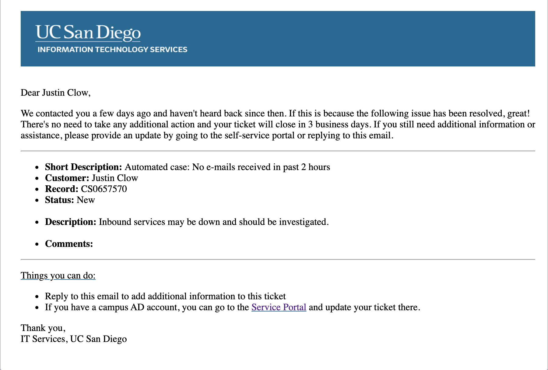 An example email discussing upcoming case closure