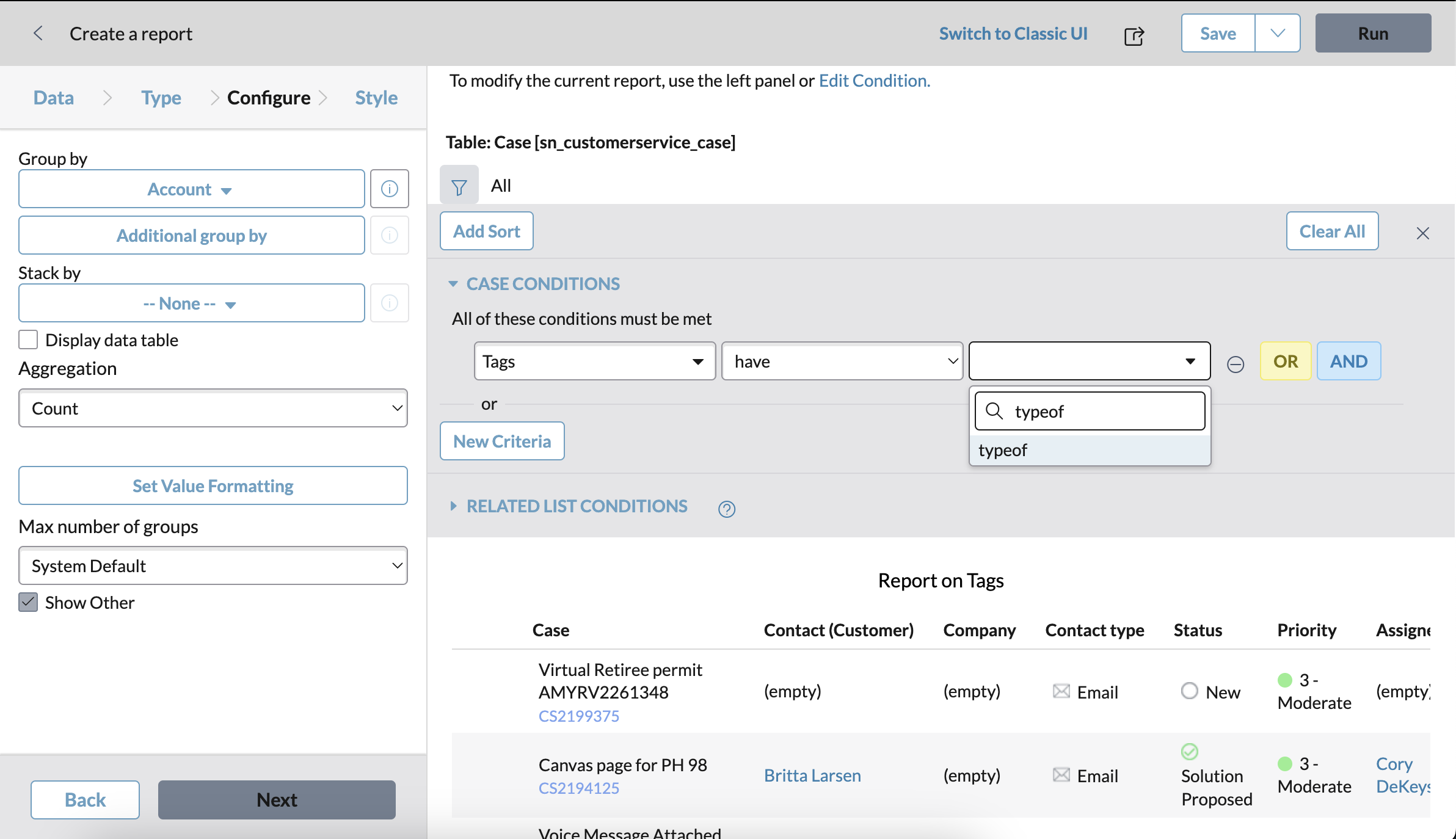 Screenshot of filter fields in a "Create a report" window 
