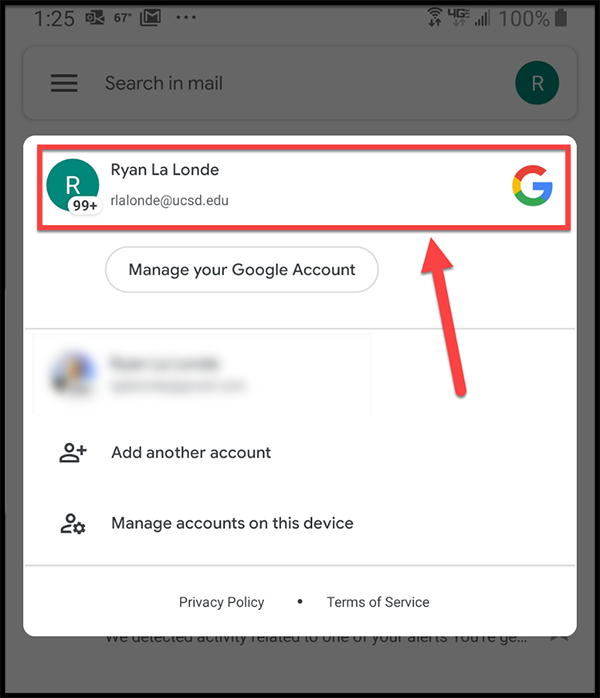 Android screen shot - from the list, select your UCSD email address; setup is complete
