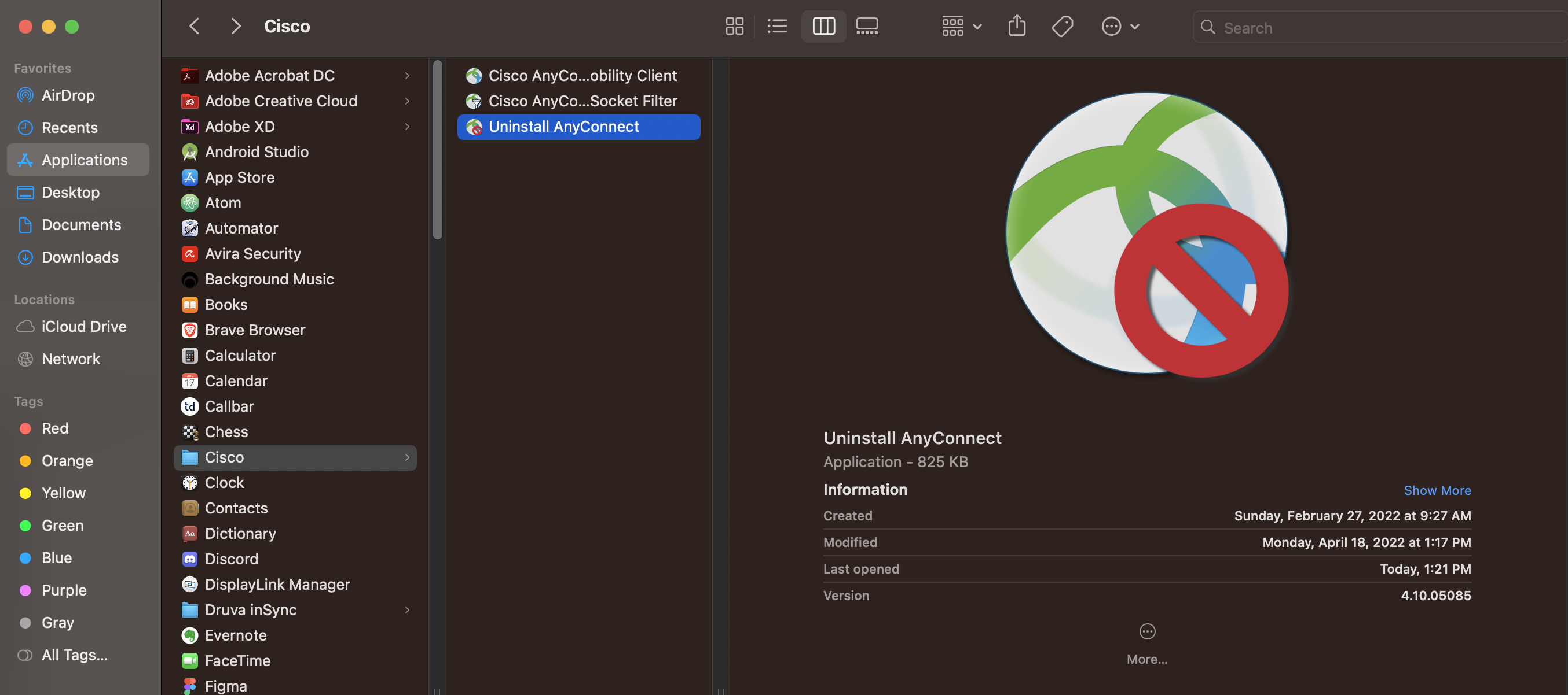 Applications folder to use the Uninstall AnyConnect app