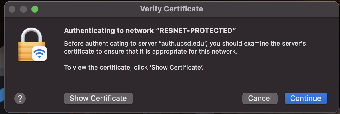 Screenshot of Prompt to authenticate to network "RESNET-PROTECTED"