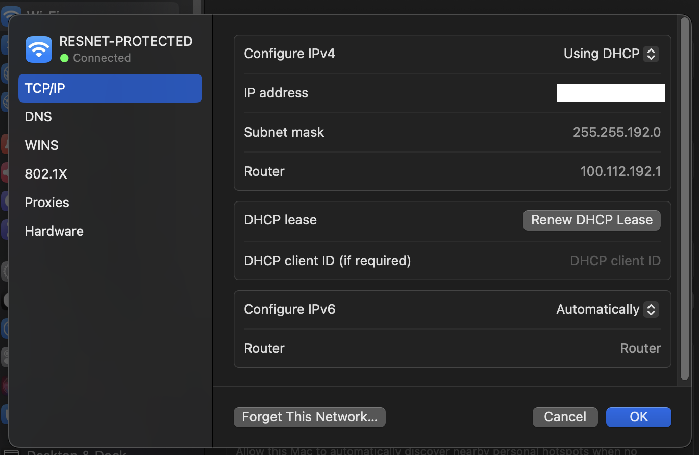 Screenshot of TCP/IP tab in Wi-Fi settings 