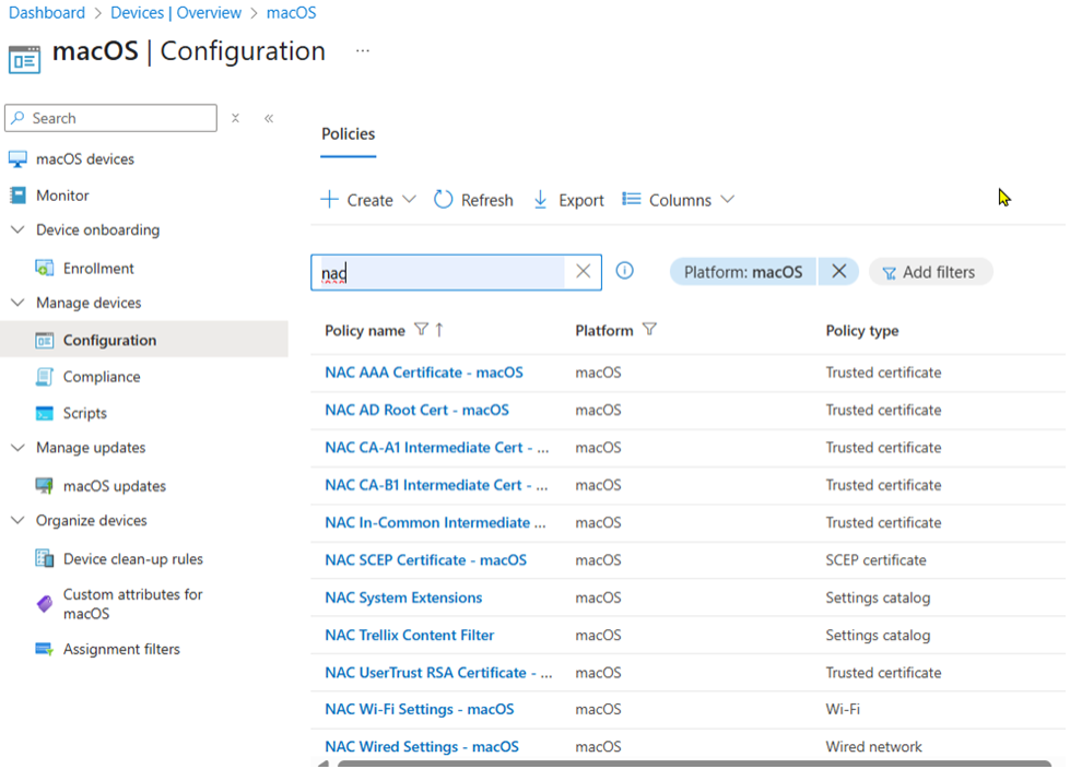 Screenshot of MacOS Configuration for deployment on Intune Admin