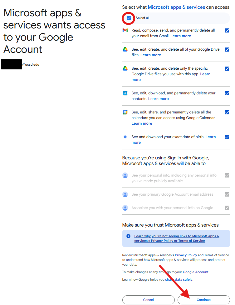 Microsoft permission request to access Google, with a ‘Select all’ checkbox and Continue button.