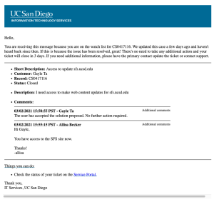 An example email notifying the contact that the case has changed from 'Awaiting Info' to 'Solution Proposed'