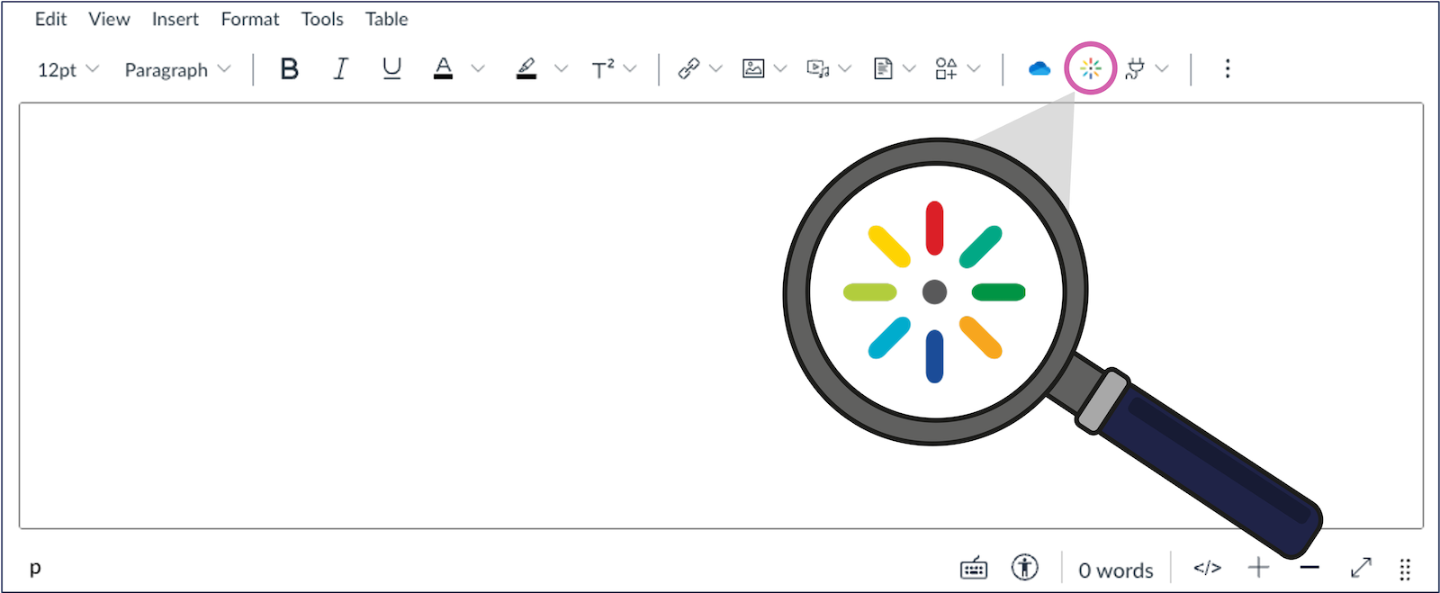 A screenshot of the rich content editor in Canvas. The "Embed Kaltura Media" icon is circled and an illustration of a magnifying glass makes the icon larger.