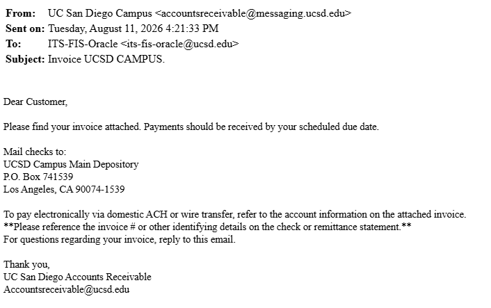 Sample email from UC San Diego Accounts Receivable with payment instructions, including where to mail checks and how to pay electronically