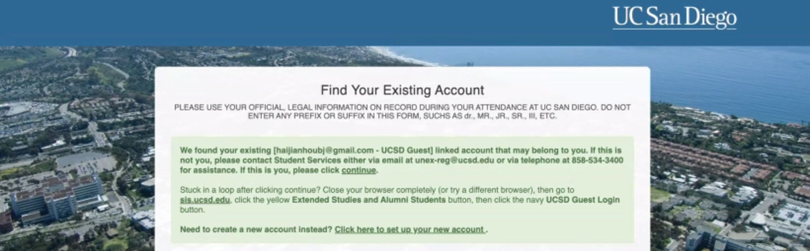DES-Find-Existing-Account-Success.png In the green dialogue box's third paragraph, click the link titled "Click here to set up your new account"