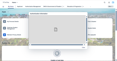 The Triton Student System (TSS) Home page displays an Authentication Information pop-up window. The window contains a loading indicator with a blank document icon, indicating that authentication details are still loading. A Close button appears in the lower-right corner of the dialog. In the background, the TSS Home page is visible with navigation tabs across the top, application tiles on the left, and a search panel on the right. A loading message near the bottom of the page indicates that additional content is still being retrieved.