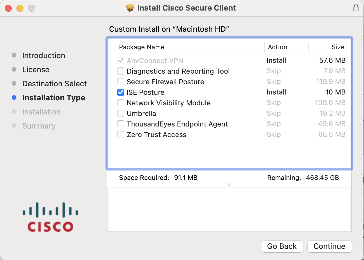 Screenshot of VPN custom installer with only the ISE Posture checked