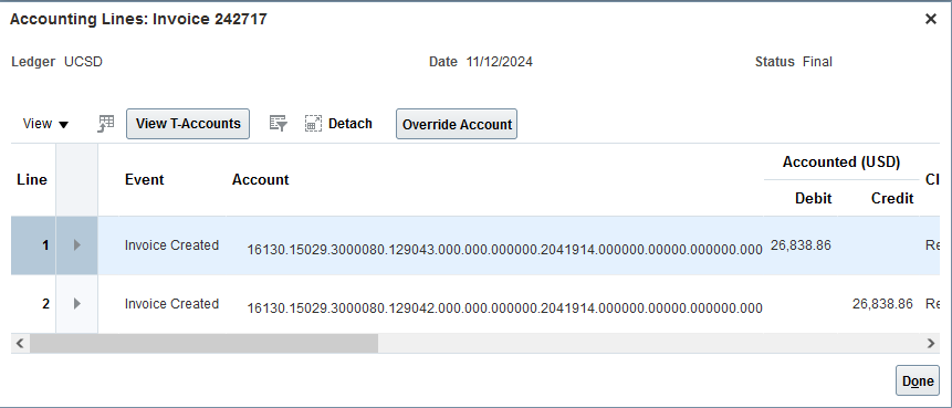 Accounting Lines: Invoice 242717, Ledger UCSD, Date 11/12/2024, Status Final. This screen displays two accounting line entries for an invoice with a credit of $26,838.86 each.