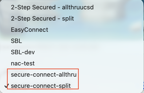 Screenshot of the Cisco VPN Secure Client Tunnel groups with a red box around the secure-connect-allthu and secure-connect-split tunnel groups