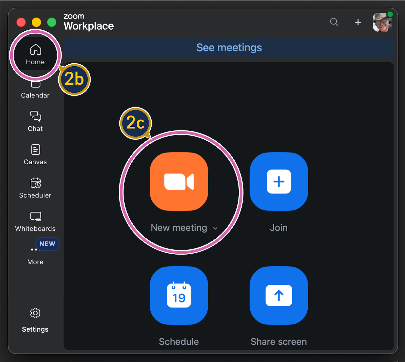 A screenshot of Zoom's home tab with the "new meeting" icon circled.