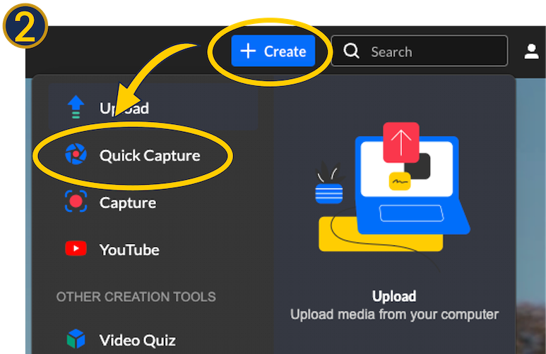 A screenshot of the MediaSpace "Create" menu.