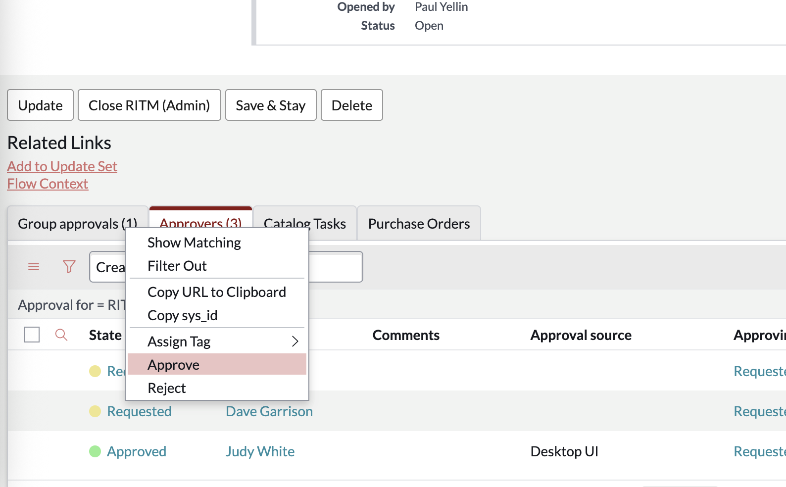 Right click on a Approval to Approve