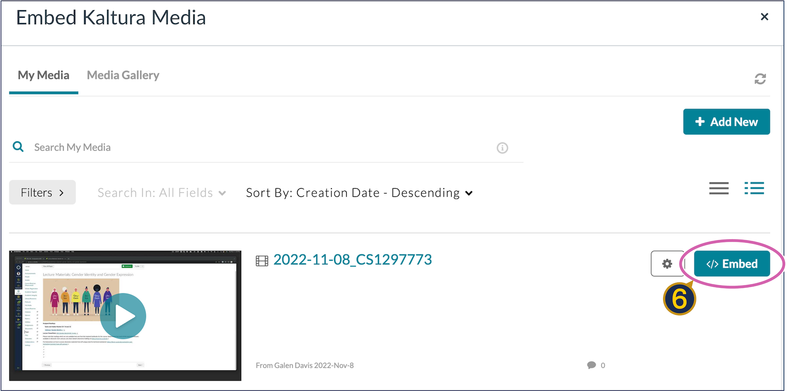 A screenshot of the "embed Kaltura Media" window with the "Embed" button circled.