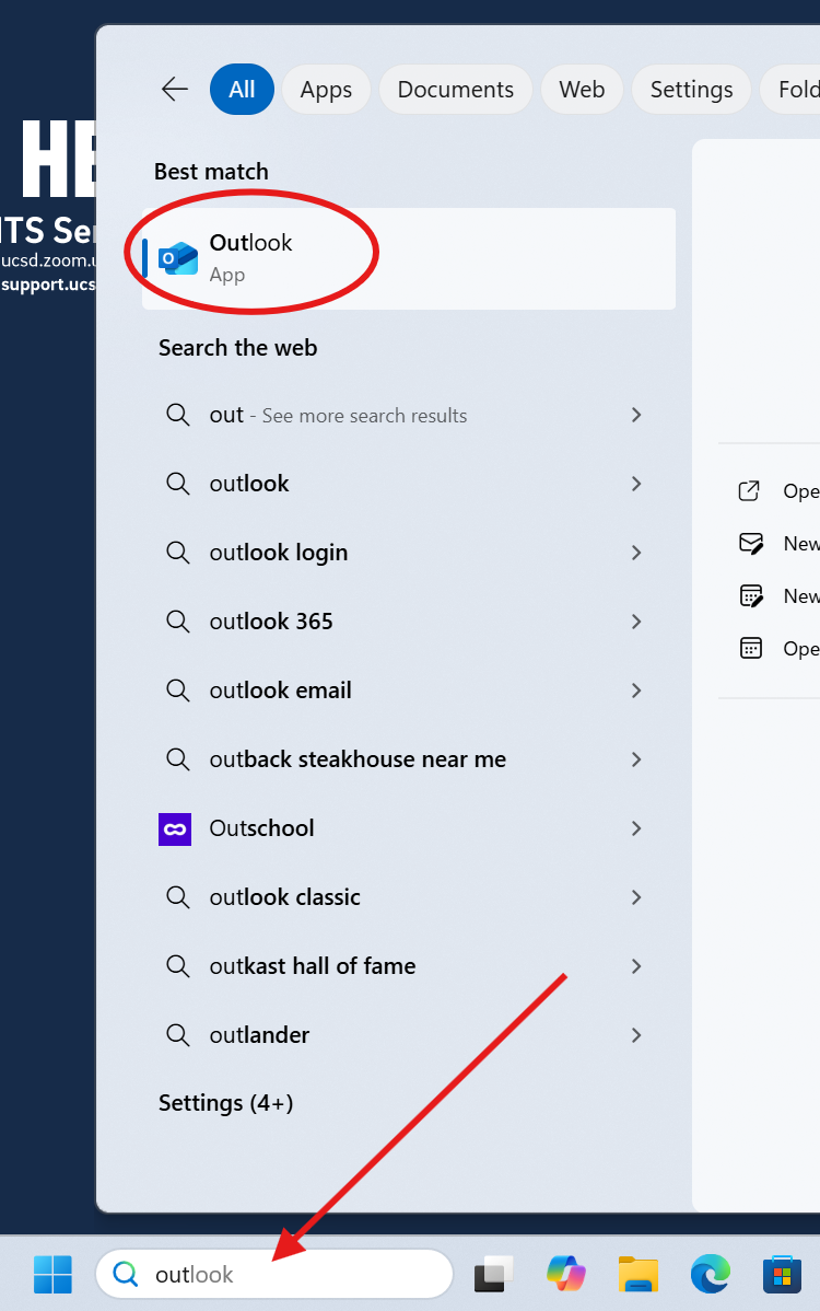 Windows search showing ‘Outlook’ entered, with Outlook app highlighted in the results.