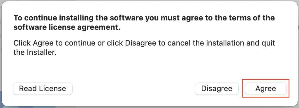 Screenshot of the License "Agree" button boxed in red