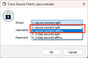 Screenshot of VPN Tunnel Groups Screenshot of the Cisco VPN Secure Client Tunnel groups with a red box around the secure-connect-allthu and secure-connect-split tunnel groups