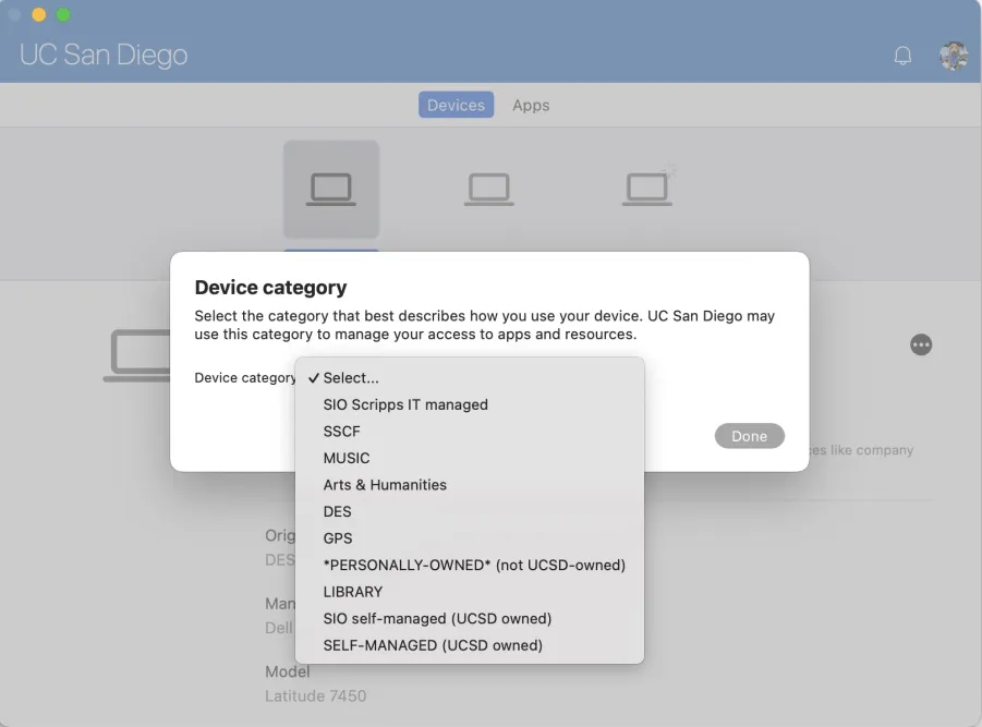 Intune MAC Categories Screenshot of the list of categories to choose from in the Intune Company Portal
