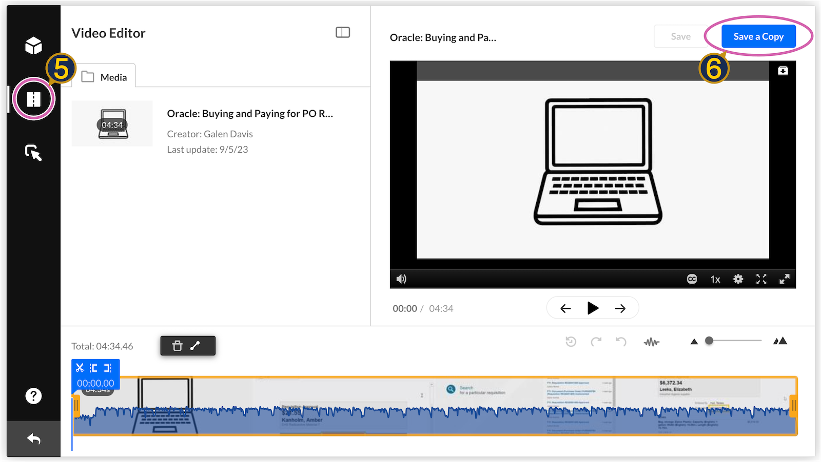 A screenshot of the Kaltura video editor, with the left navigation icon for the editor circled as well as the button "Save a Copy."