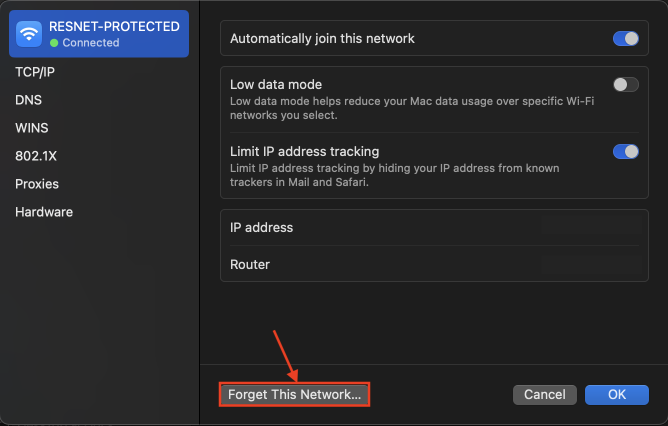 Screenshot: Wifi menu with "Forget This Network" button marked