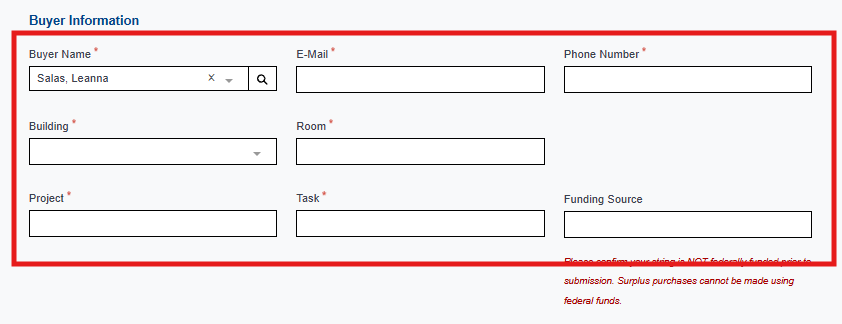 Buyer Information section with red rectangle outlining the required information needed..