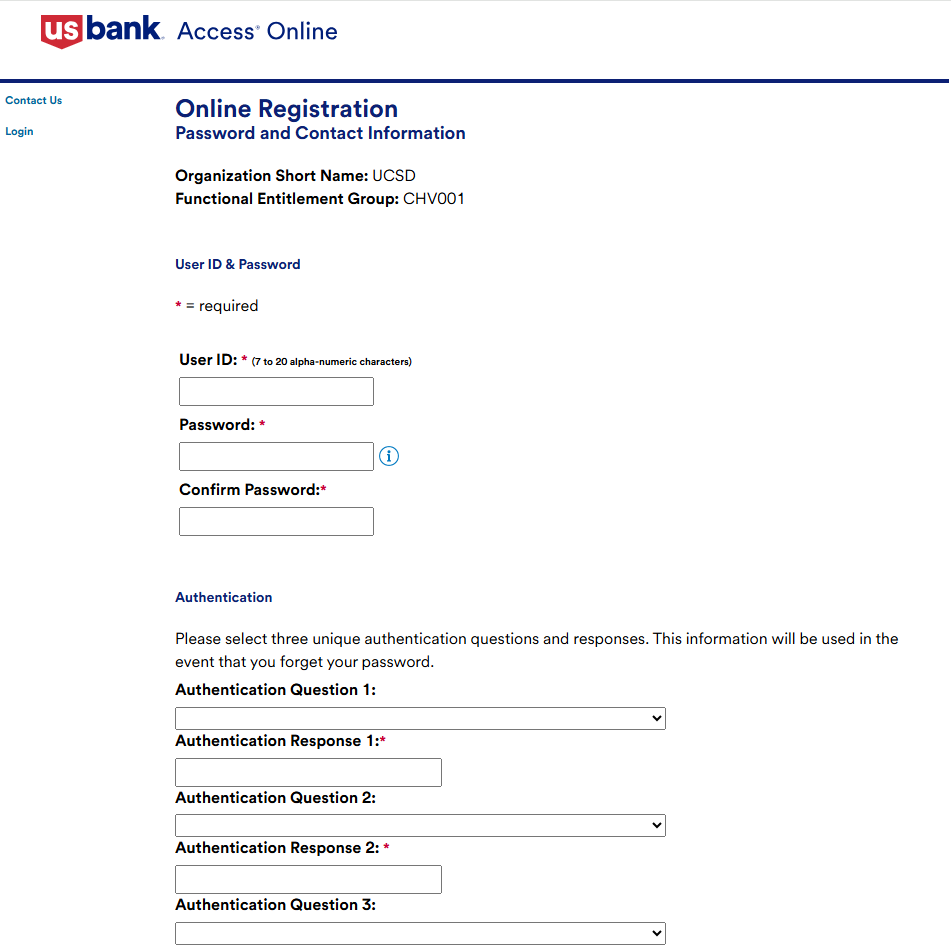 screenshot of Online Registration profile setup page