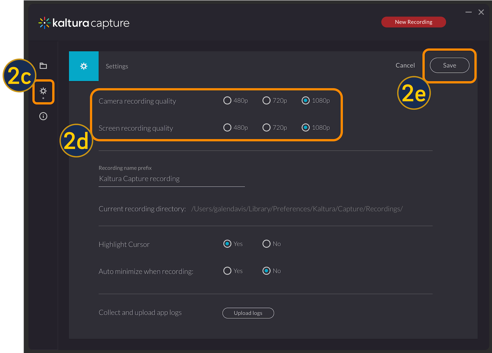 A screenshot of the "settings" section of Kaltura Capture.