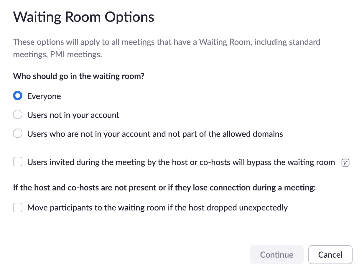 Screenshot: Zoom Waiting Room Options