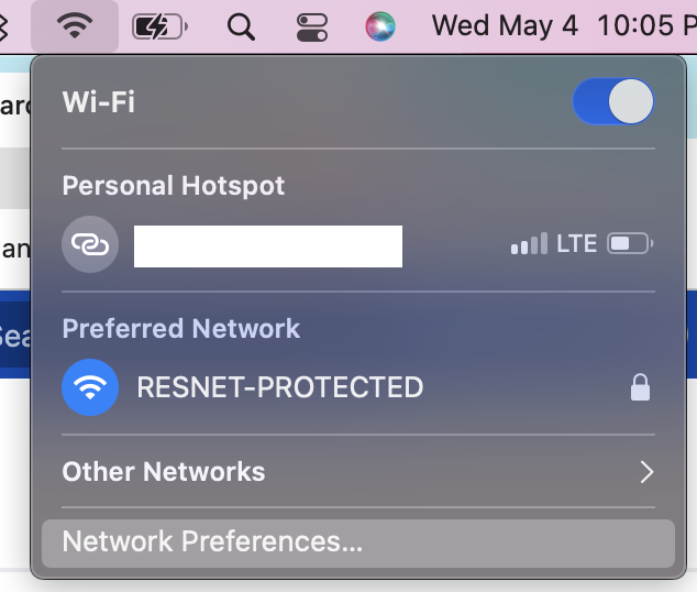 Screenshot of "Network Preferences..." highlighted on the Wifi menu
