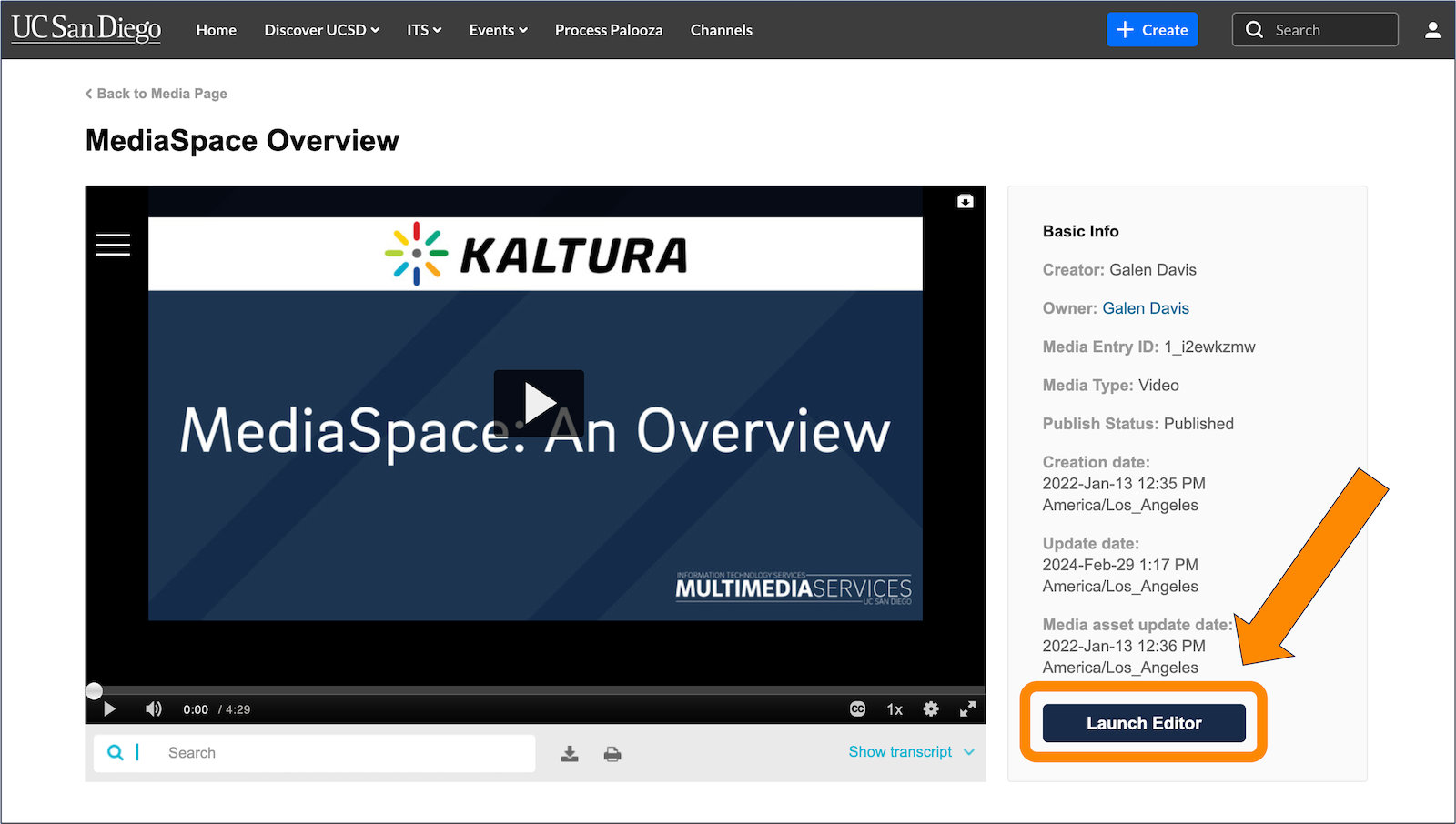 A screenshot of the Kaltura edit page with the "launch editor" button circled.