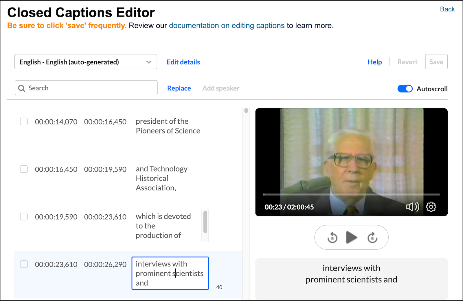 A screenshot of Kaltura's web-based caption editor.