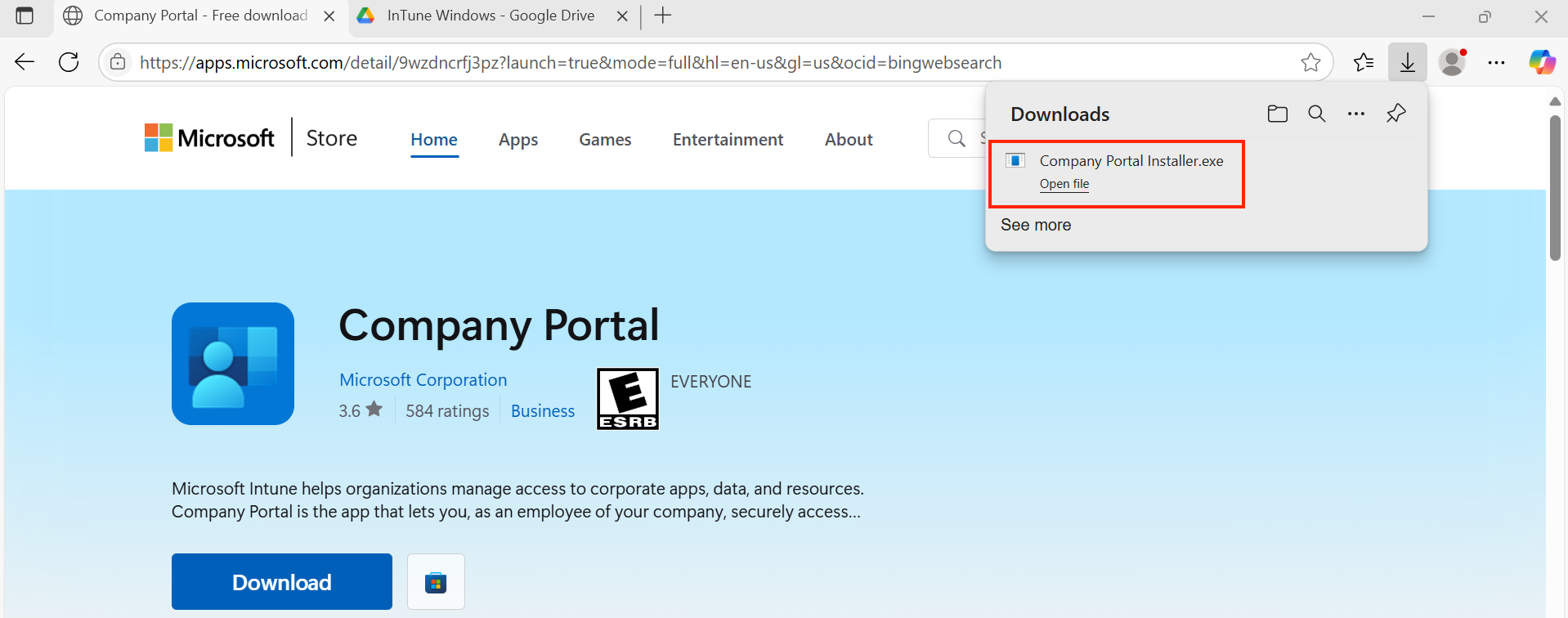Screenshot of the popup for the company portal installer.exe file with a red box around it