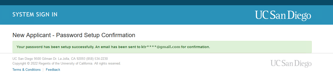 Password set confirmation page Screenshot: Password Setup Confirmation page