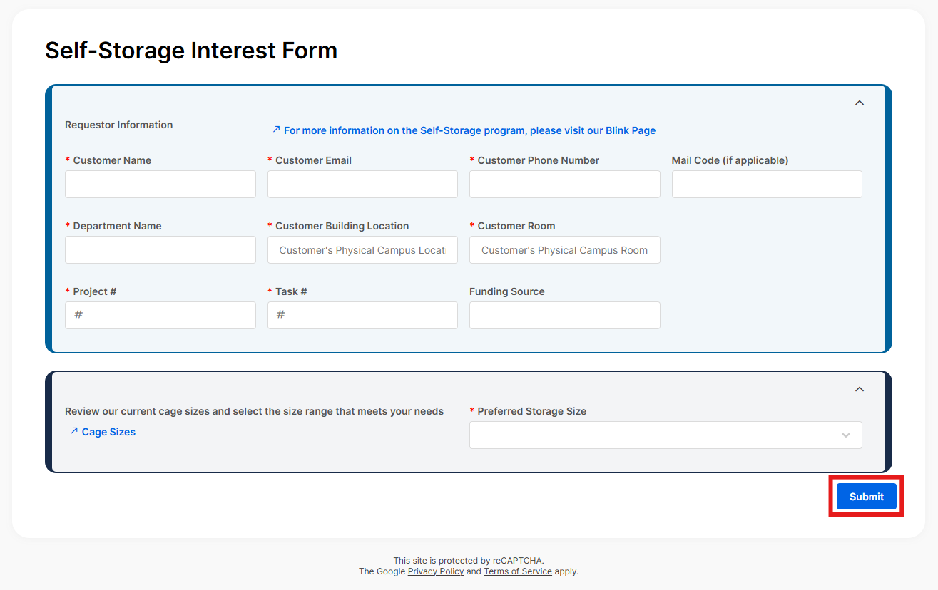 A screenshot of the self-storage interest form with a red box around the submit button.