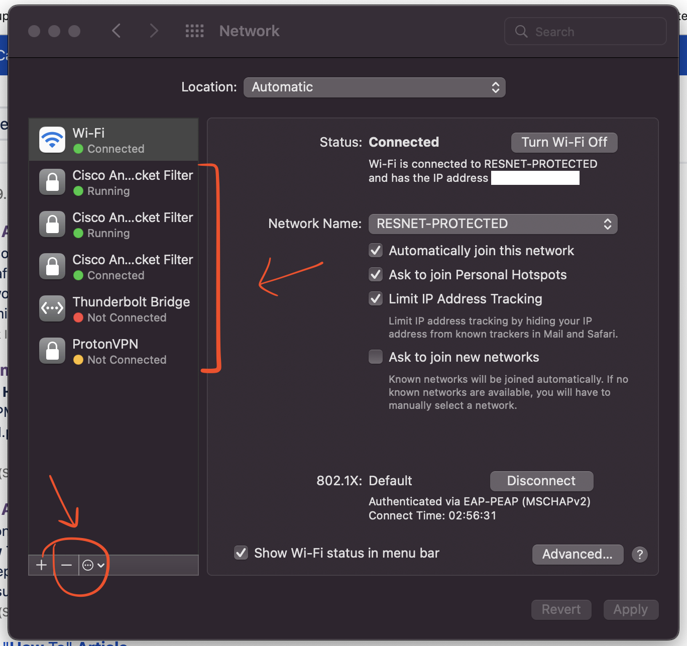 Screenshot of network settings - minus icon is circled at the interface's list bottom