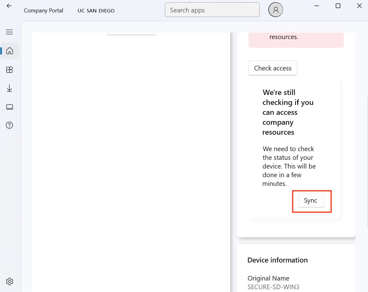 Screenshot of the sync button in Company Portal boxed in red
