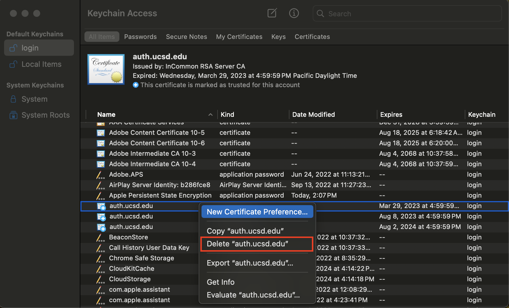 Screenshot: auth.ucsd.edu digital certificate in "Keychain Access" app