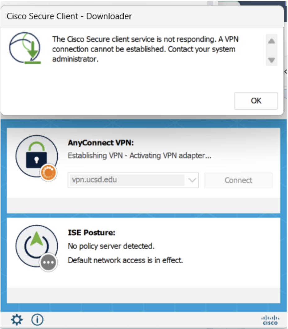 Screenshot of Cisco Secure Client Downloader error message "service not responding"
